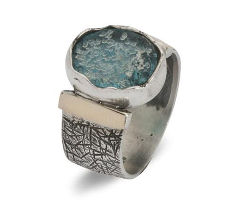 Sterling Silver, 9K Gold, Roman Glass Ring